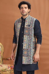 Navy Blue Silk Printed and Sequin Worked Jacket Kurta Set